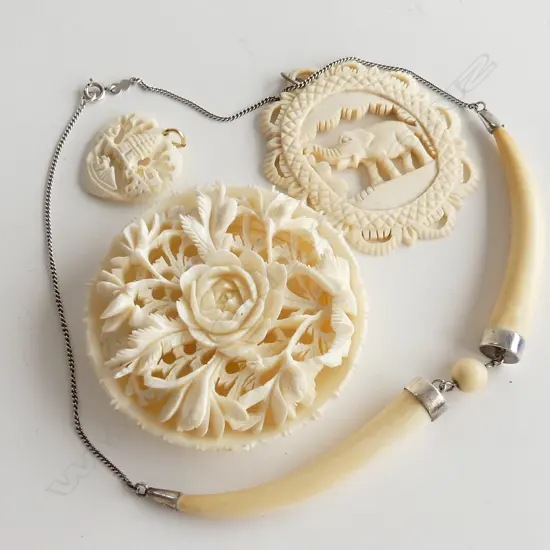 4 IVORY PCS; CARVED DECORATIVE ORNAMENT, 2 CARVED PENDANTS 1 WITH ELEPHANT & STG & TUSK SHAPED NECKLACE