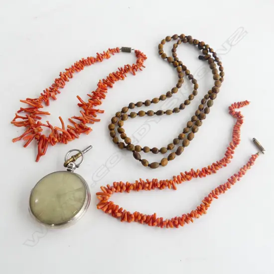 STG SILVER POCKET WATCH AF + 3 NECKLACES (2 CORAL)