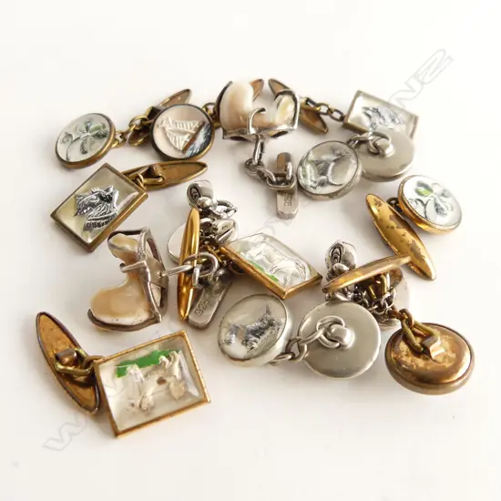 7 PRS DESGNER CUFFLINKS: 5prs Essex crystal type dogs etc + 2 prs silver tweety bird + shell