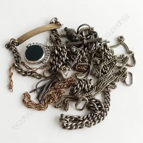 ASST. NECK CHAINS SILVER ETC. + STG FOB + 2 TASSLES & T-BAR + STG ID BRACELET