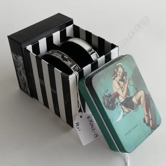 TWO  'AUTOGRAPH' COSTUME JEWELLERY SNAP BRACELETS IN BOX + SM MARILYN MONROE TIN