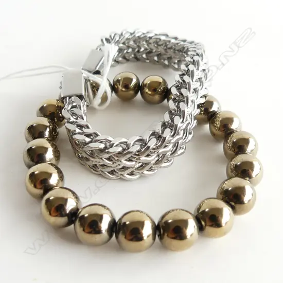 MENS STAINLESS STEEL HEAVY CHAIN LINK BRACELET & HEMATITE BEAD BRACELET 