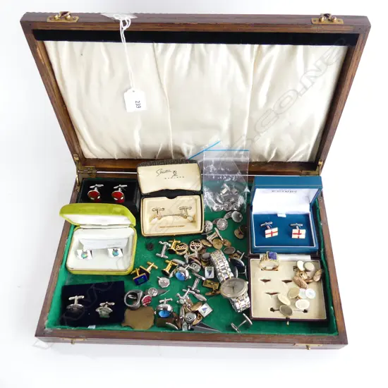 OAK BOX WITH CUFF LINK COLLECTION ETC includes at least 4 silver prs: knots. horse shoes. '1878' shields etc