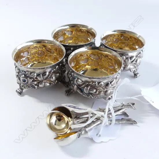 SET 4 VICTORIAN SILVER EMBOSSED SALTS + SPOONSL.1892 142gms