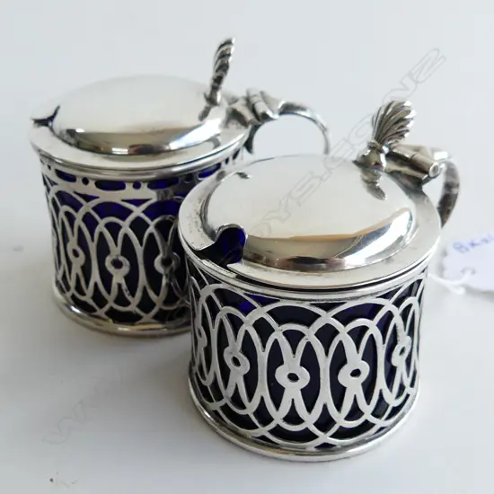 PR S/SILVER BLUE GLASS LINED MUSTARD POTS SILVER WEIGHT 68grms