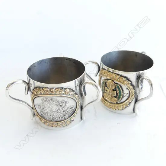 PR SILVER PLATE MINIATURE 3 HANDLED CUPS w. NZ FERNS & MAORI DESIGN H.40mm