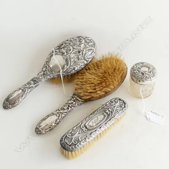 4 PC STG SILVER DRESSING TABLE SET; 3 ASST BRUSHES & LIDDED CUT GLASS JAR DAMAGED WITH(CHIP TO RIM)