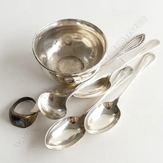 ASST SILVER TEASPOONS + BUTTER KNIFE + BOWL W COIN + RING faulted. 97gms