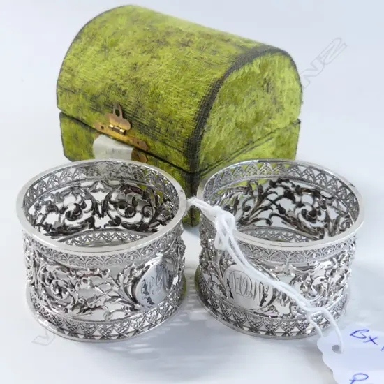 PR SILVER EMBOSSED & EMBOSSED BOXED NAPKIN RINGS Sheffield 1889
