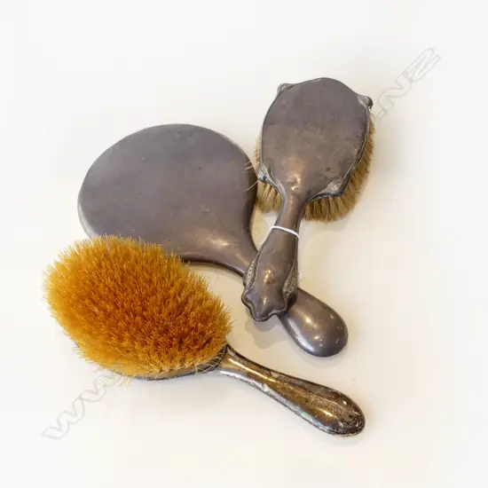3 PCE STG SILVER DRESSING SET; MIRROR & 2 BRUSHES