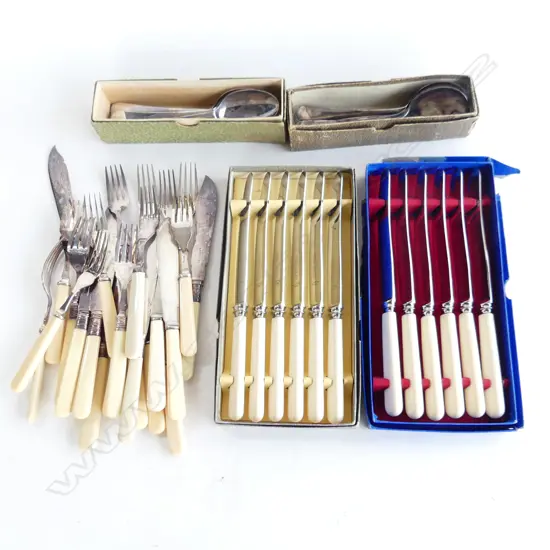 ASST. IVORINE 'BONE HANDLED' KNIVES; 2 BOXED SETS, FISH SET ETC