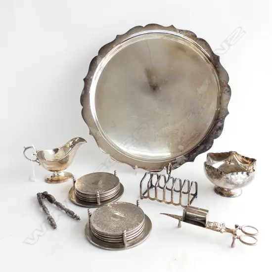 SILVER PLATE TRAY & SIX ASSTD SILVER PLATE ITEMS