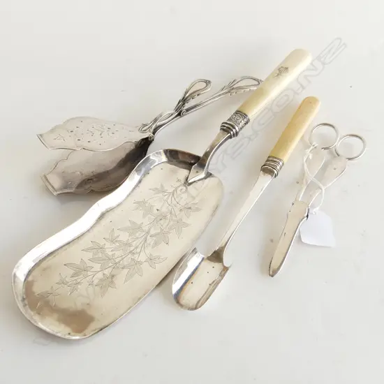 4 ANTIQUE SERVING TOOLS; STILTON SCOOP, GRAPE SCISSORS, TONGS, OTHER