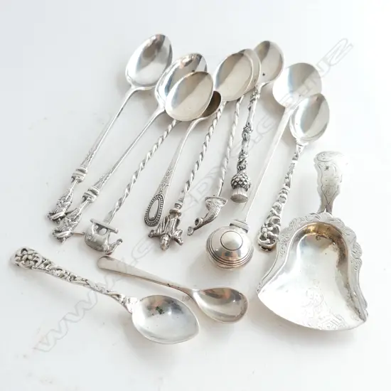 11 STG SILVER SPOONS + EUROPEAN SILVER SCOOP + 800 SILVER 123 GRAMS