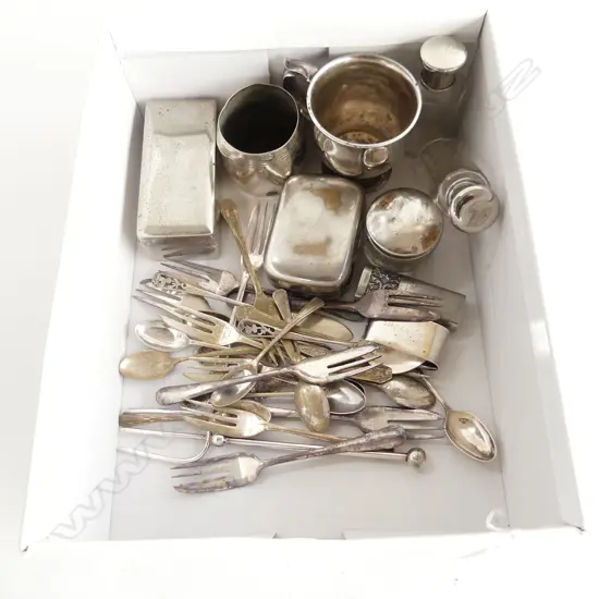 SM BOX ASST EP CUTLERY, GLASS & SILVER PLATE DRESSING TABLE BOTTLES, ETC