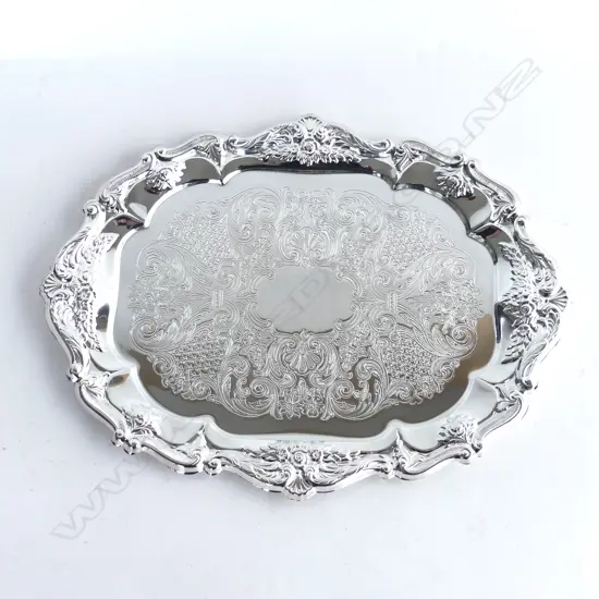 RODD SILVER PLATE OVAL ENGRAVED TRAY, AS NEW IN ORIGINAL BOX L. 330MM