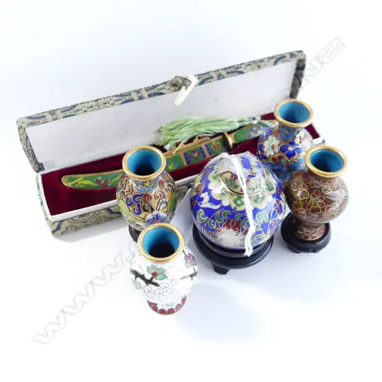5 MINI CLOISONNE VASES + 4 STANDS + MINI SWORD LETTER OPENER
