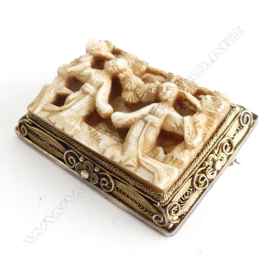 ANTIQUE CHINESE SILVER GILT & CARVED IVORY BROOCH; DANCING WOMEN 48x35mm