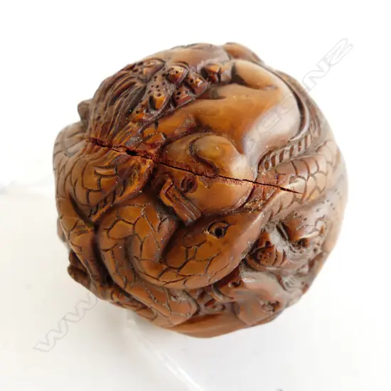 ORIENTAL CARVED WOODEN ZODIAC ANIMAL BALL - CRACKED 