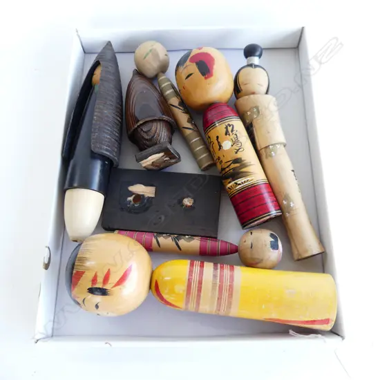 7 ASST WOODEN JAPANESE KOKESHI DOLLS, C1960'S, SOME SIGNED 