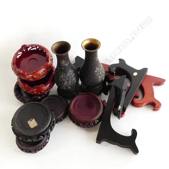 BOX LOT ASST. CARVED WOODEN ORIENTAL STANDS, PR VASES ETC