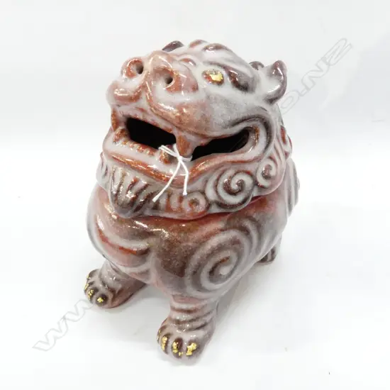 VINTAGE JAPANESE LIDDED SHISHI INCENSE BURNER red & pale glaze H.175mm