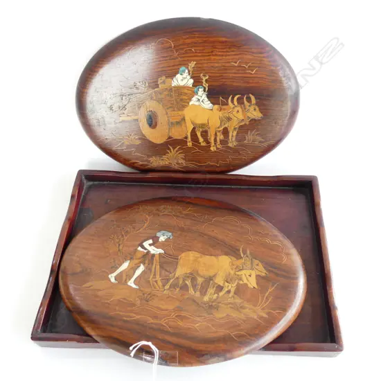 PR OVAL WOODEN CARVED & INLAID WALL PLAQUES, ORIENTAL FARM SCENES (240 X 300MM) + ROSEWOOD TRAY (345 X 240MM)