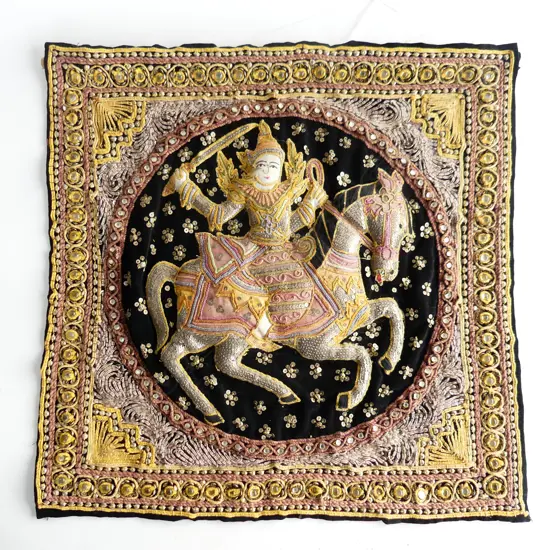 EMBROIDERED BURMESE KALAGA HANGING figure on horse back 500x500mm