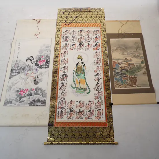 3 ORIENTAL SCROLLS. 2 with figures + 1 x extensive landscape
