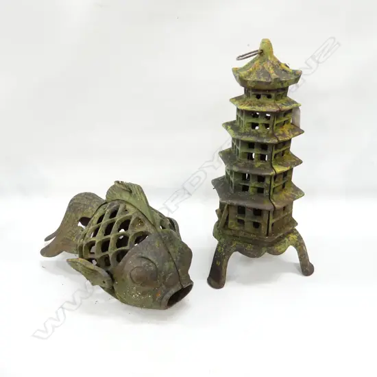 2 CAST IRON ORIENTAL LANTERNS; FISH & PAGODA H.335mm