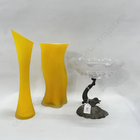 2 YELLOW ART GLASS VASES + VINTAGE EP DOPHIN COMPORT