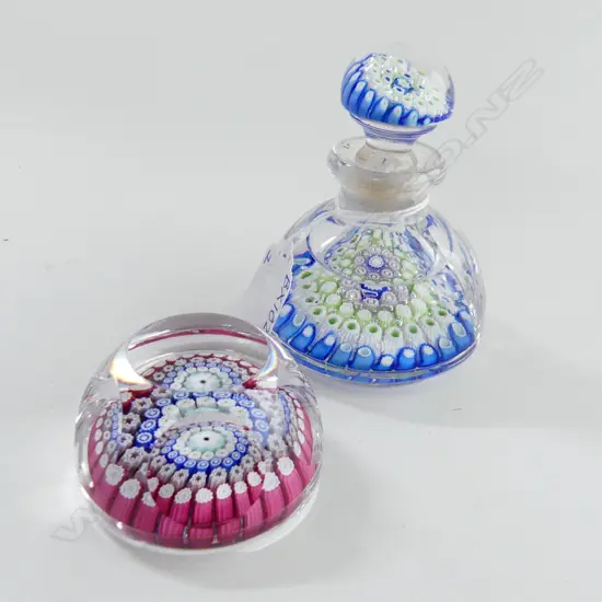 WHITEFRIARS c.1970's MILLEFIORI PAPERWEIGHT (FAULTED) & SCENT BOTTLE (H. 95mm)