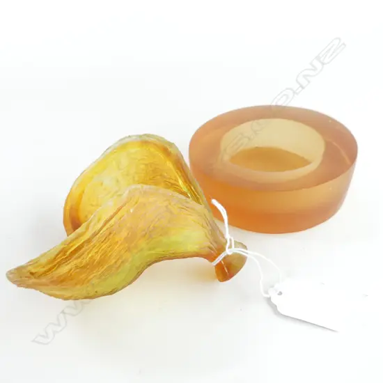 2 PCES ORANGE CAST GLASS;  DISK 110mm dia, NATURAL FORM H.100mm ex Mandeno estate