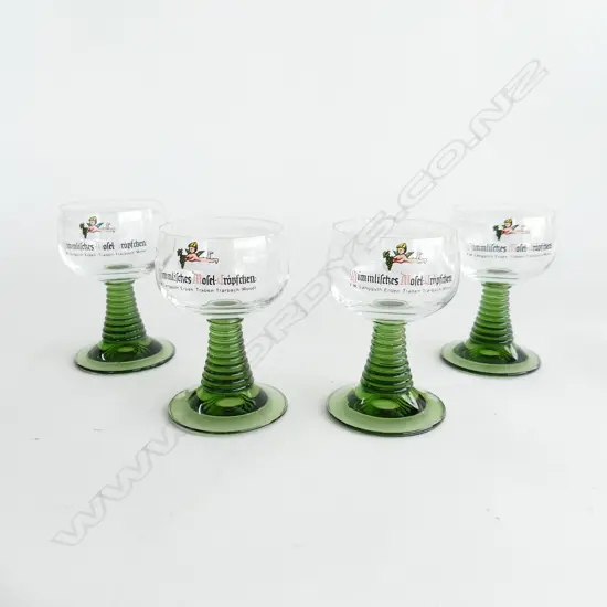 SET FOUR GERMAN GREEN BEEHIVE STEM GLASSES