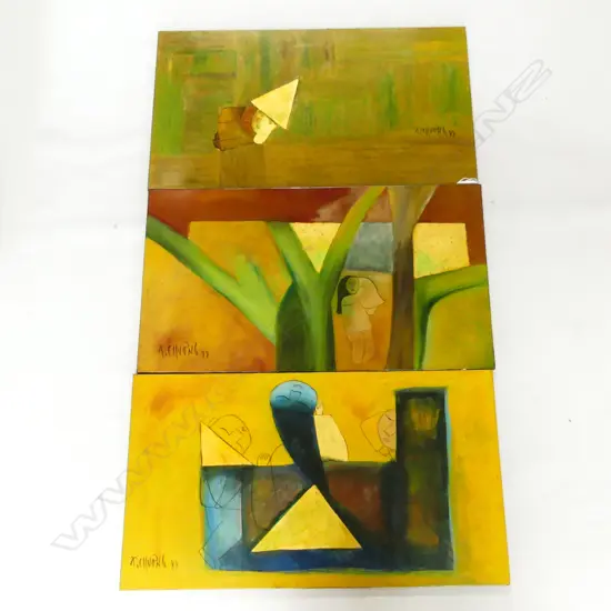 Thanh Chuong (Vietnamese 1949-) 3 paintings lacquer & gold leaf on wood. 350 x 620mm...