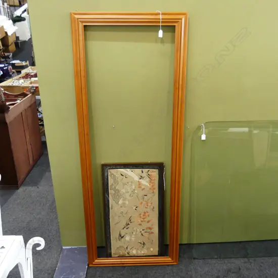ORIENTAL FRAMED SILK EMBROIDERY - BIRDS, CRANES ETC.. (700 X 370MM) & LG WOODEN FRAME (1660 X 530MM)