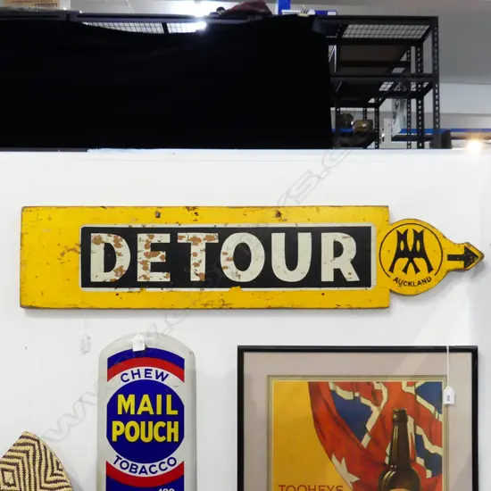VINTAGE AA 'DETOUR' PAINTED WOODEN SIGN 215x970mm