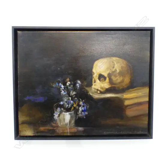 GARY COLLINS (UNSIGNED) STILL LIFE; 'SKULL WITH BLUEBELLS' 400x500mm