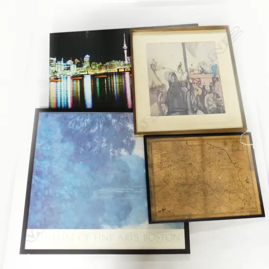 4 ARTWORKS; MUSEUM OF FINE ARTS BOSTON, FRANCES HODGKINS THRESHING MACHINE, AUCKLAND NIGHT SKYLINE, YORKSHIRE MAP