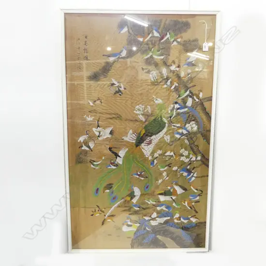 CHINESE PAINTED FABRIC ARTWORK - BIRDS 655x1100mm
