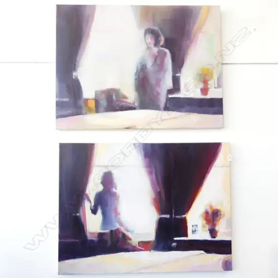 2 SARAH MITCHELL MUNRO; 'SHE TURNS' & 'ON THE VERGE' ACRYLIC ON CANVAS 2015 750x1000mm