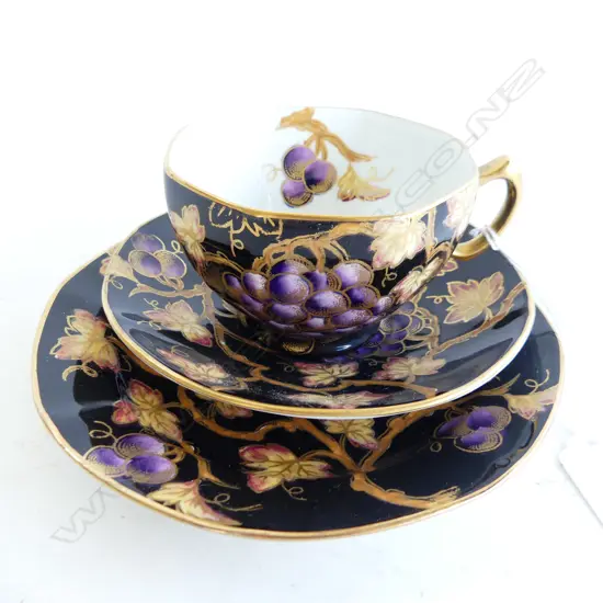 MALING BLACK & GOLD GILDED GRAPE PATTERN CUP, SAUCER & SIDE PLATE TRIO 
