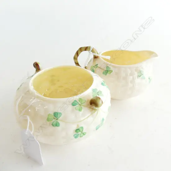 TWO GREEN MARK BELLEEK ITEMS, MILK & SUGAR. DIA. 90 & 85mm