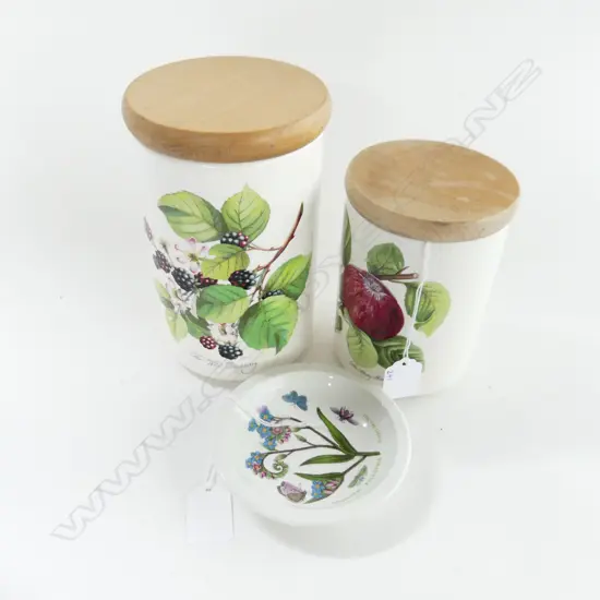 2 PORTMEIRION POMONA CANISTERS, H. 180, 140Mmm + BOTANIC GARDEN DISH (DIA 113MM)
