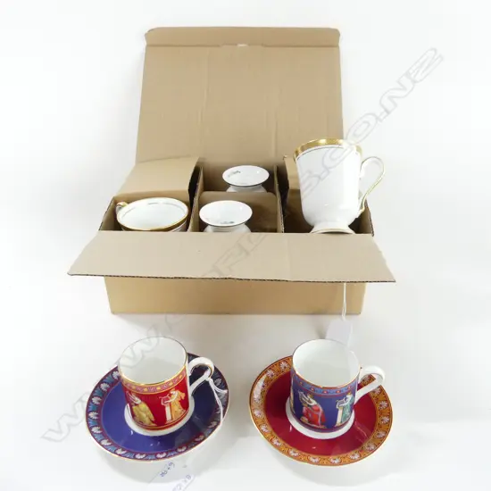 SET 6 AYNSLEY 'ELIZABETH' COFFEE MUGS  + 2 WEDGWOOD 'MUSICAL MUSES' DEMI C&S'S