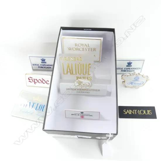 BOX ASST DISPLAY STANDS, LALIQUE, ROYAL WORCESTER, SPODE, ETC..