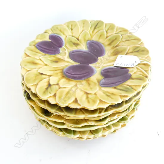 7 SARREGUEMINES MAJOLICA SIDE PLATES 190mm dia (2 plum plates faulted)