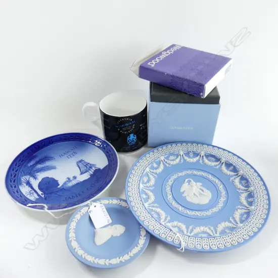 WEDGWOOD TROPHY PLATED (AF), WEDGWOOD 250 YR MUG, + WEDGWOOD & ROYAL COPENHAGEN JAMES COOK PLATES 