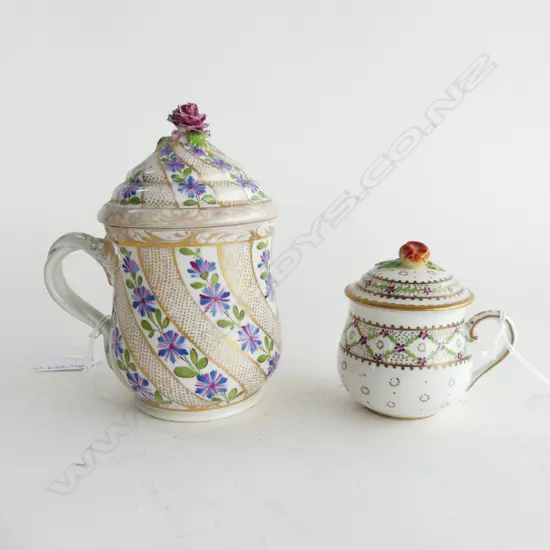 SEVRES SM LIDDED CHOC. CAN C.1773 H80mm & MEISSEN LIDDED CHOC.CAN c.1790 MARCOLINI PERIOD SWORD MARK hairline H. 150mm