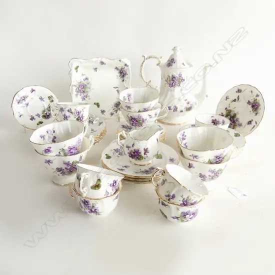HAMMERSLEY ' VICTORIAN VIOLETS ' TEASET. LARGE POT 6 LGE CUPS, 6 SMALL 7 PLATES 8 SAUCERS 6 SMALL SAUCERS. MILK & SUGAR,